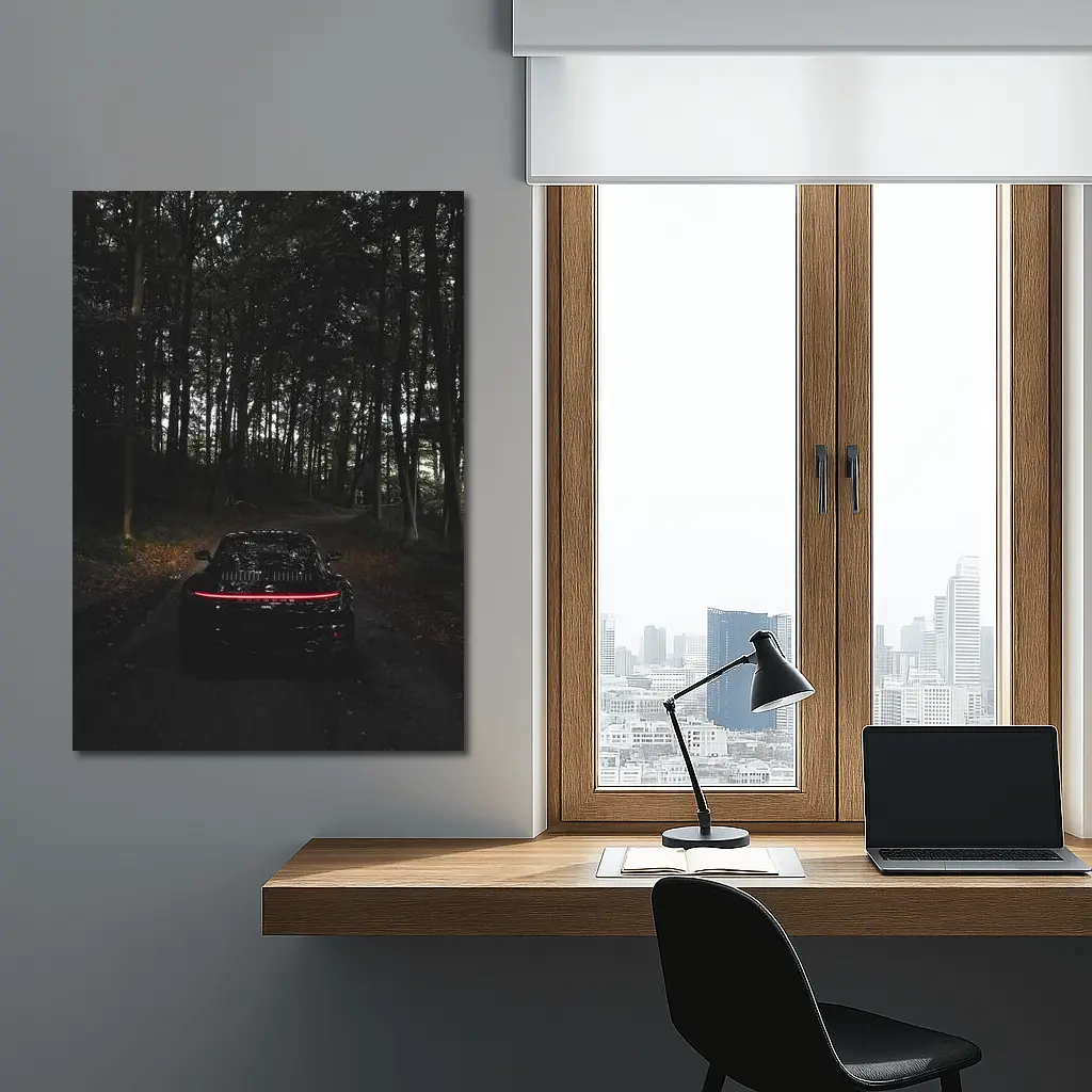Porsche Taycan Black In Dark Forest – Wall Art