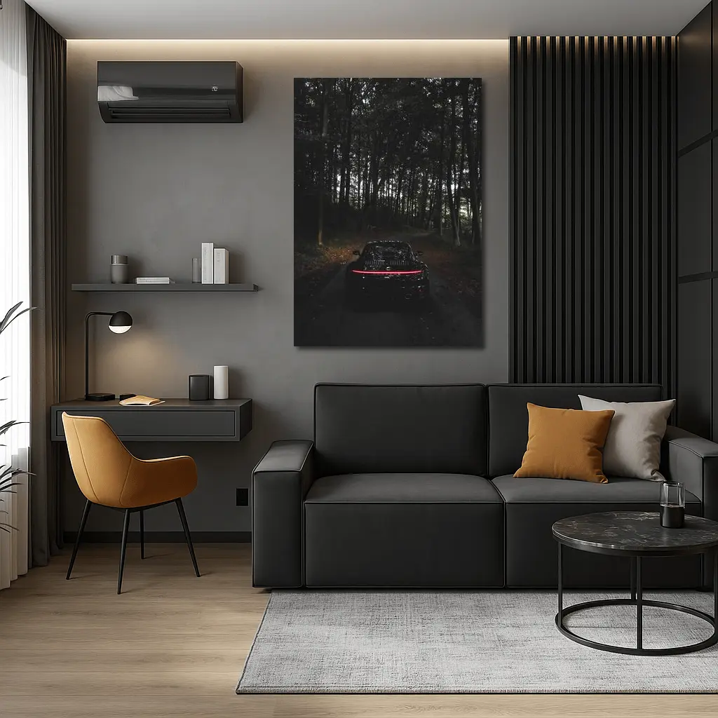 Porsche Taycan Black In Dark Forest – Wall Art