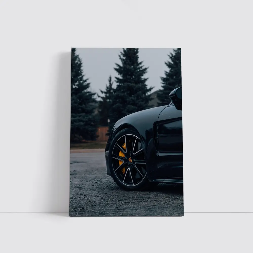 Black Porsche Taycan Yellow Calipers Moody Sky – Wall Art