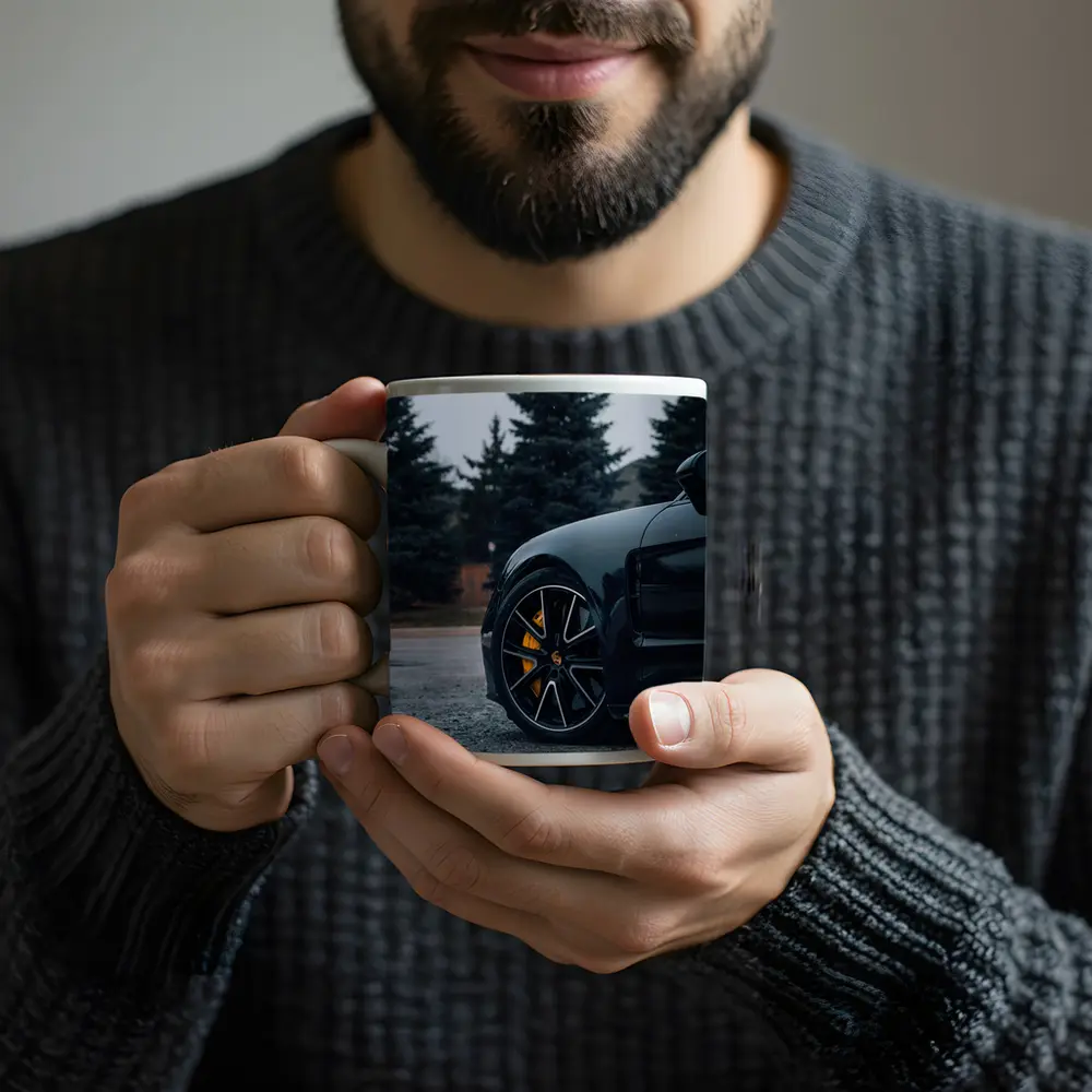 Black Porsche Taycan Yellow Calipers Moody Sky – Mugs