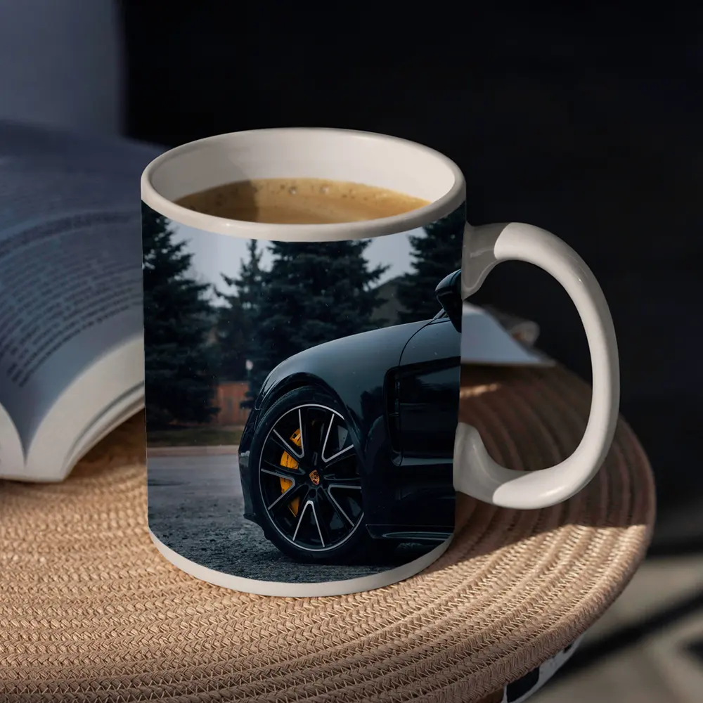 Black Porsche Taycan Yellow Calipers Moody Sky – Mugs