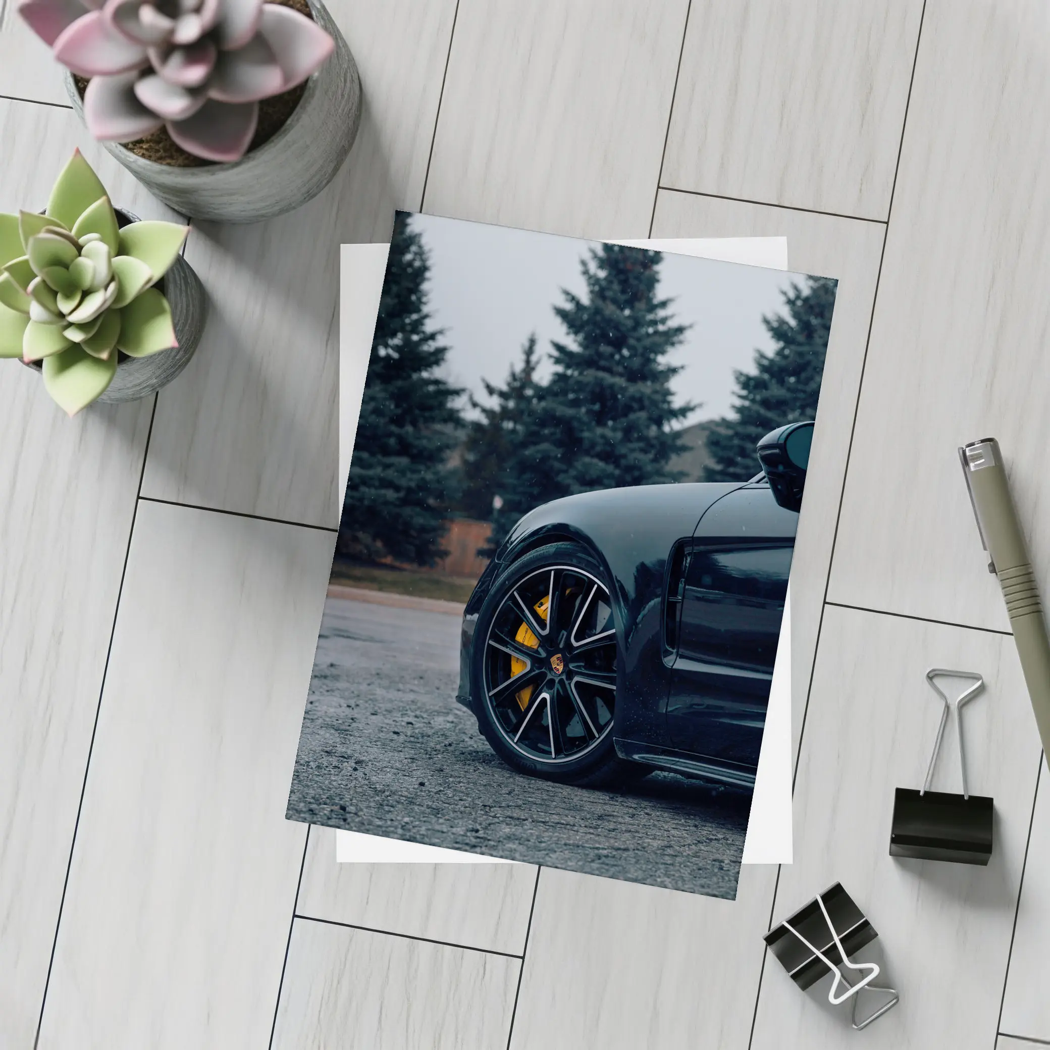 Black Porsche Taycan Yellow Calipers Moody Sky – Postcards
