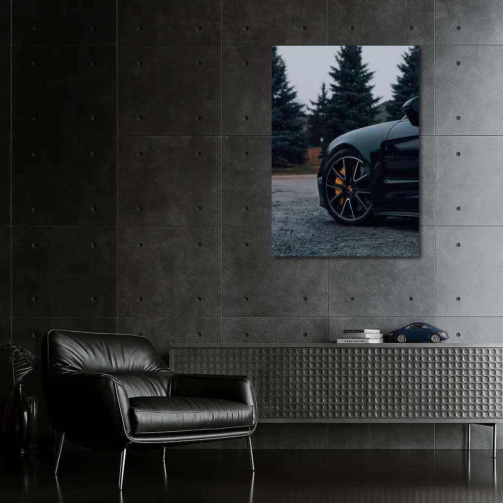 Black Porsche Taycan Yellow Calipers Moody Sky – Wall Art
