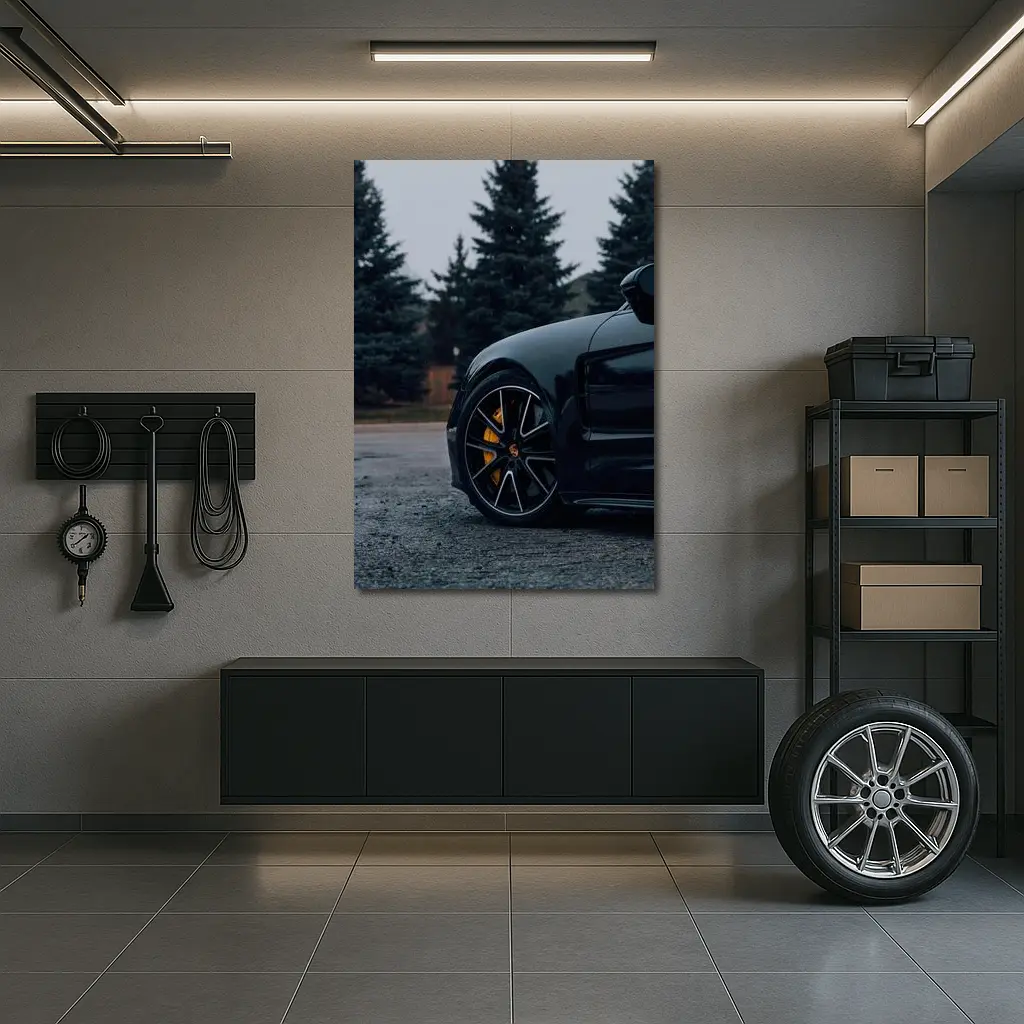Black Porsche Taycan Yellow Calipers Moody Sky – Wall Art
