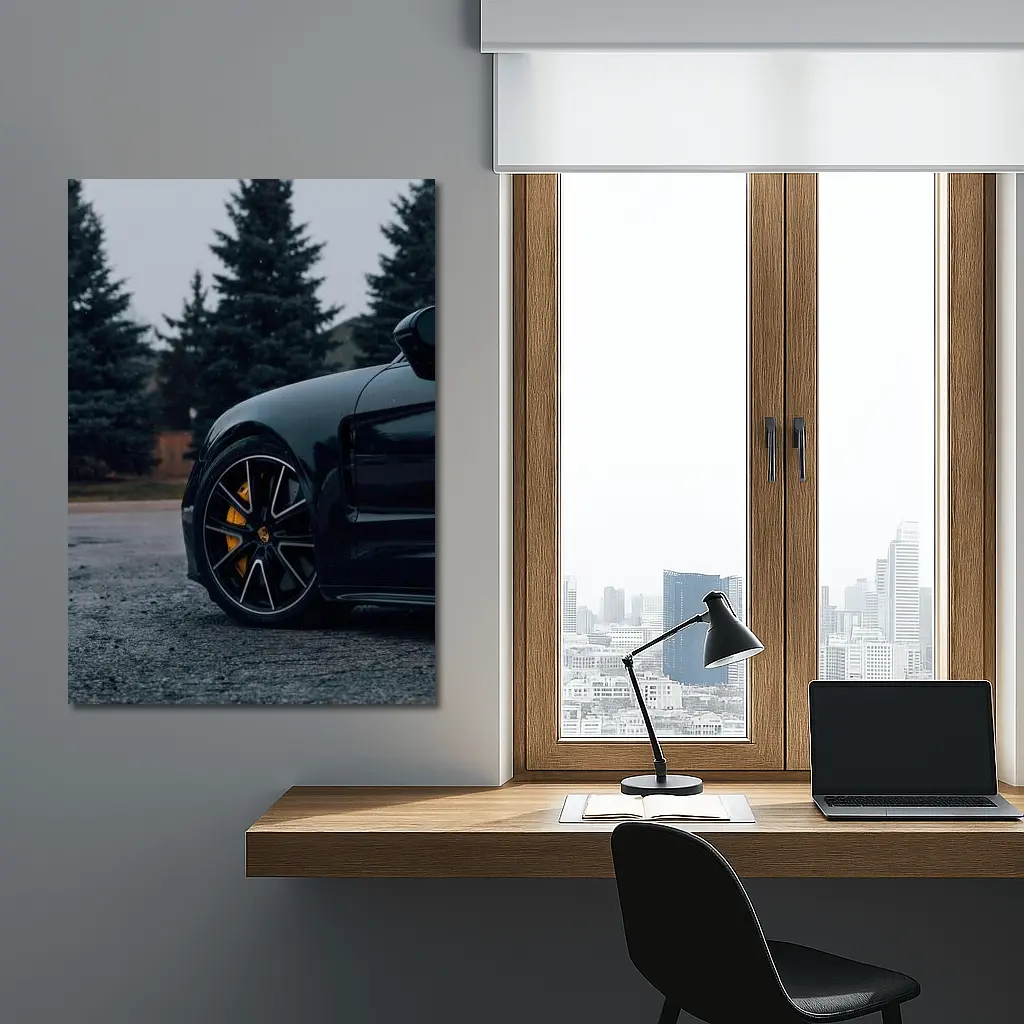 Black Porsche Taycan Yellow Calipers Moody Sky – Wall Art
