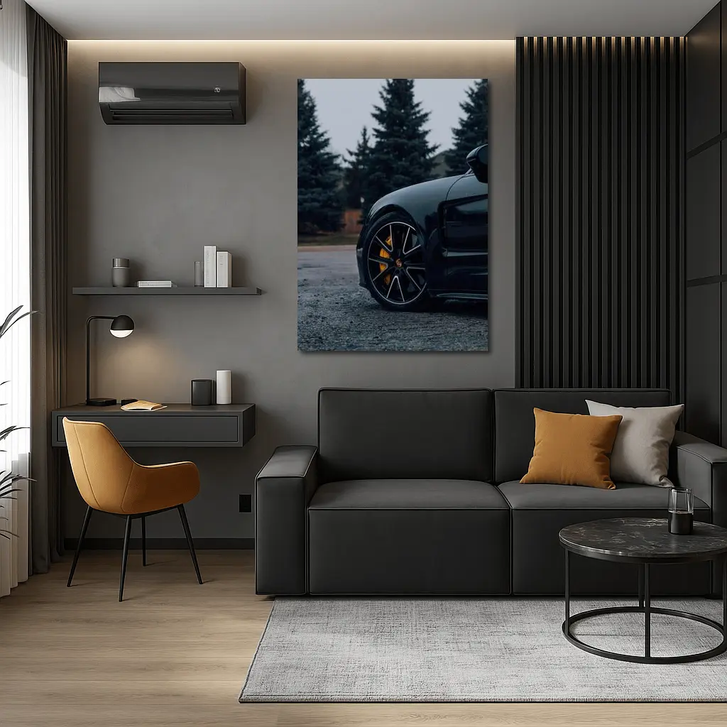 Black Porsche Taycan Yellow Calipers Moody Sky – Wall Art