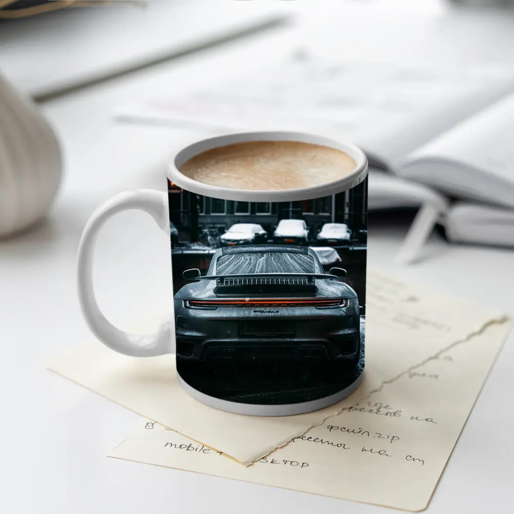 Porsche 911 Rear View Rainy City Street – Mugs