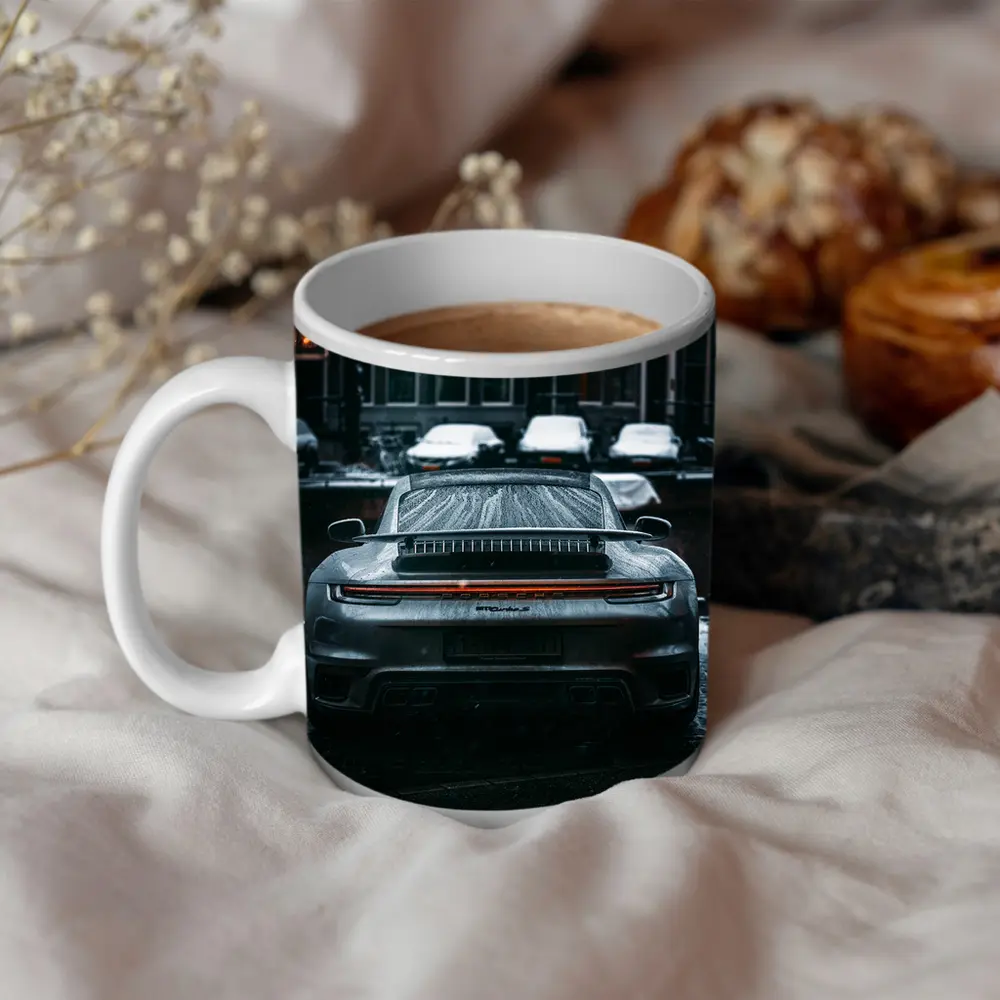 Porsche 911 Rear View Rainy City Street – Mugs