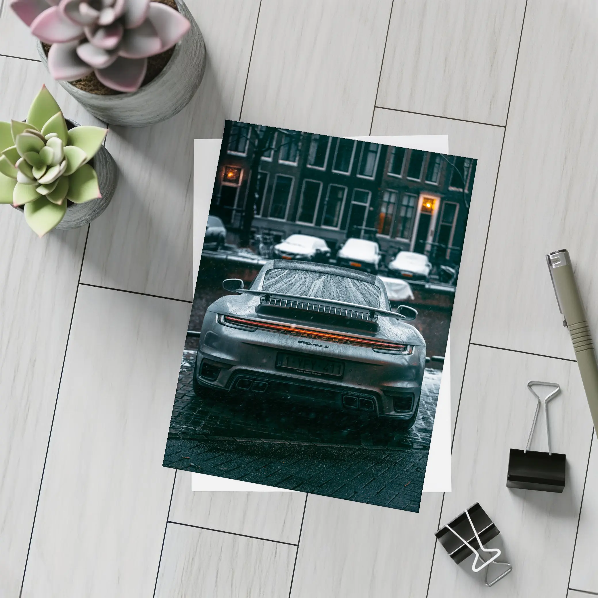 Porsche 911 Rear View Rainy City Street – Postcards