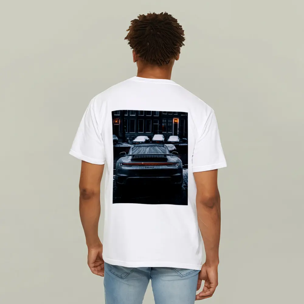 Porsche 911 Rear View Rainy City Street – T-Shirts