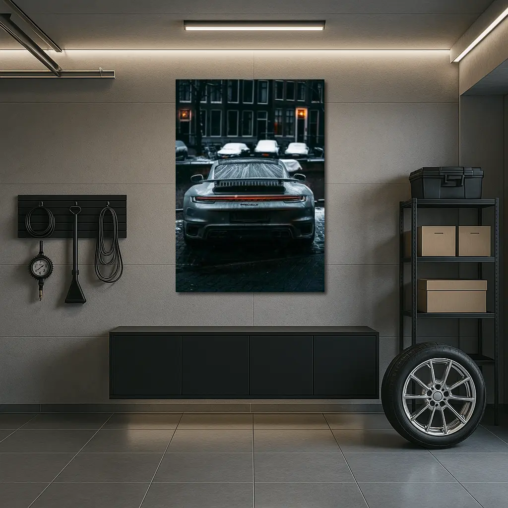 Porsche 911 Rear View Rainy City Street – Wall Art