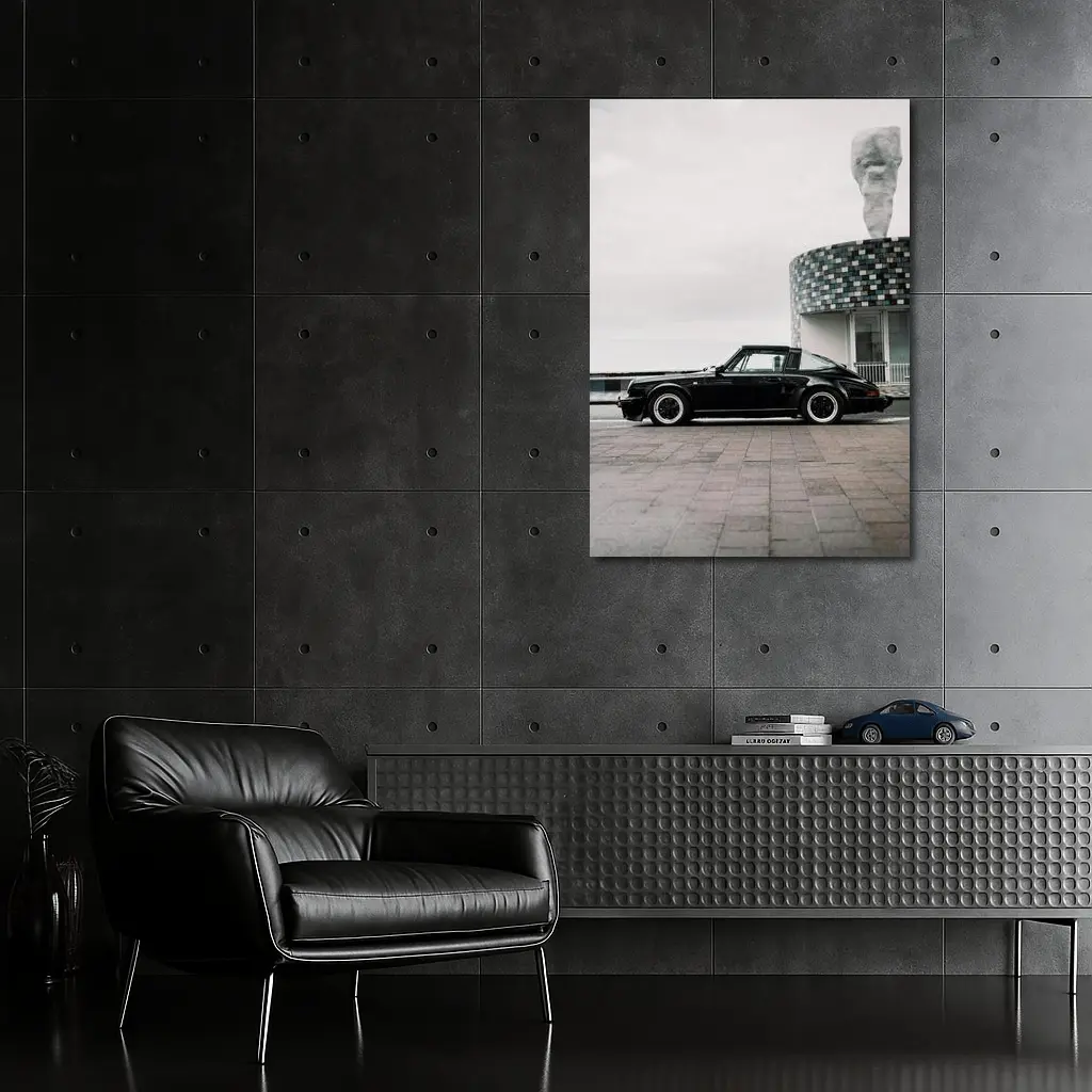 Black Porsche 911 Parked by Coastal Building – Wall Art