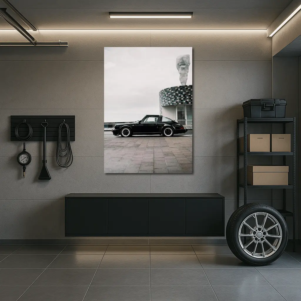 Black Porsche 911 Parked by Coastal Building – Wall Art