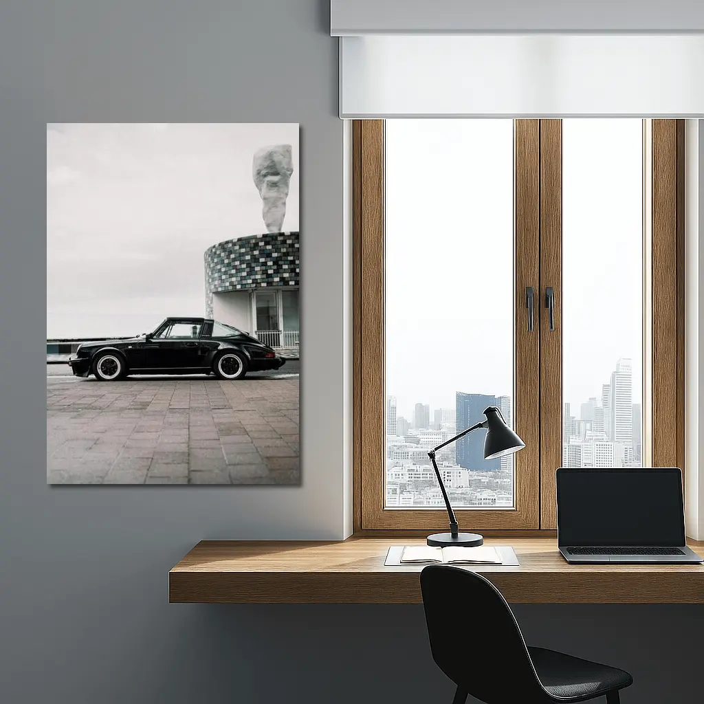 Black Porsche 911 Parked by Coastal Building – Wall Art