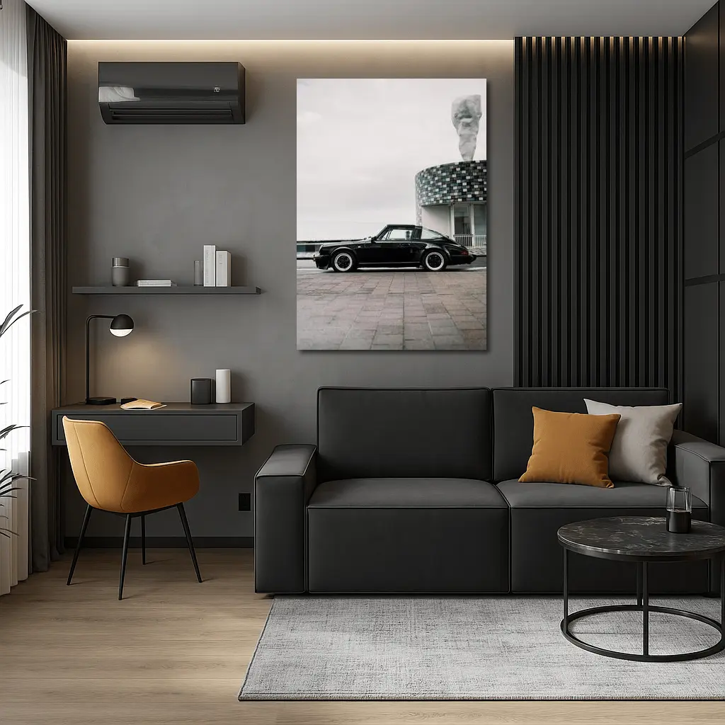 Black Porsche 911 Parked by Coastal Building – Wall Art