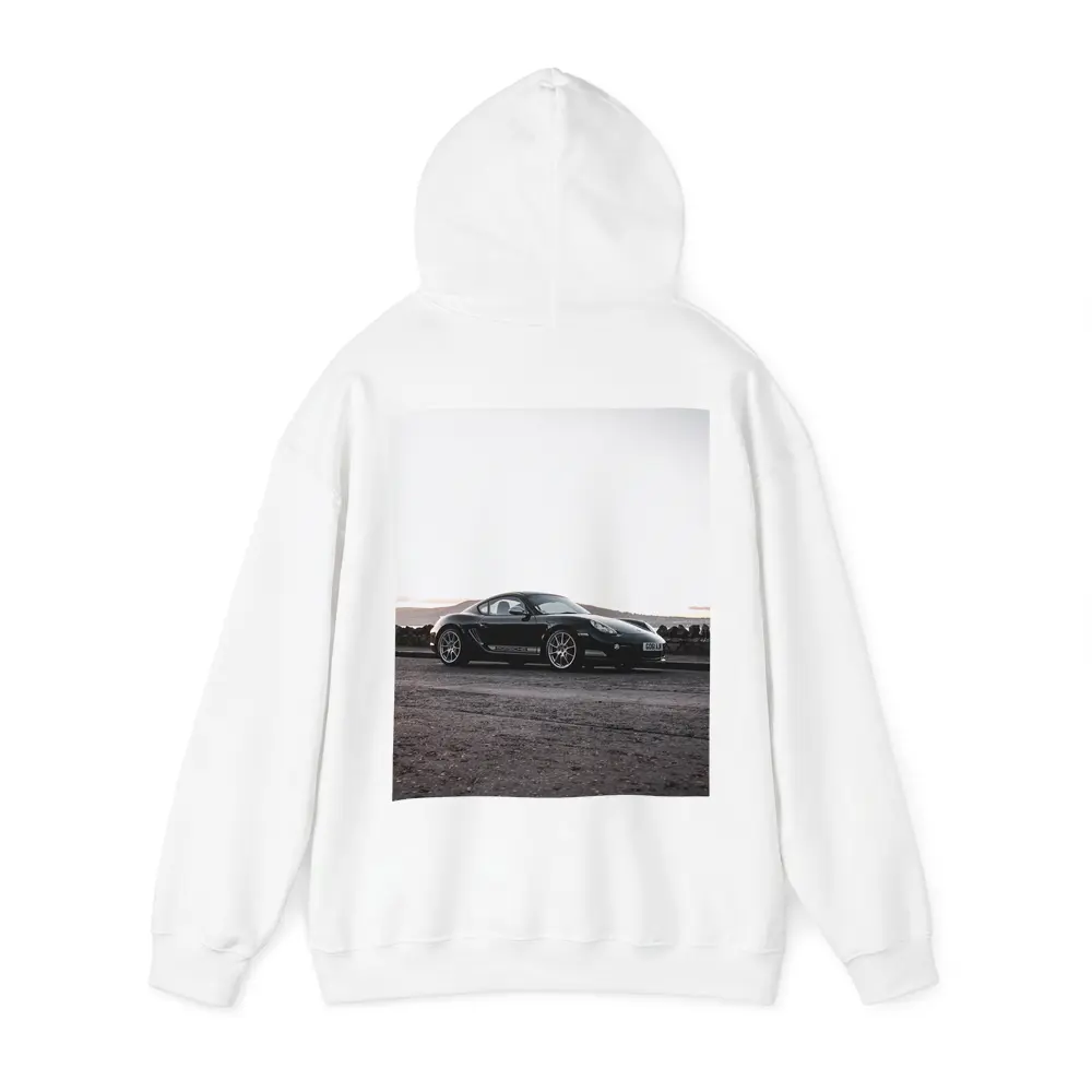 Black Porsche Cayman Parked on Rugged Terrain – Hoodies
