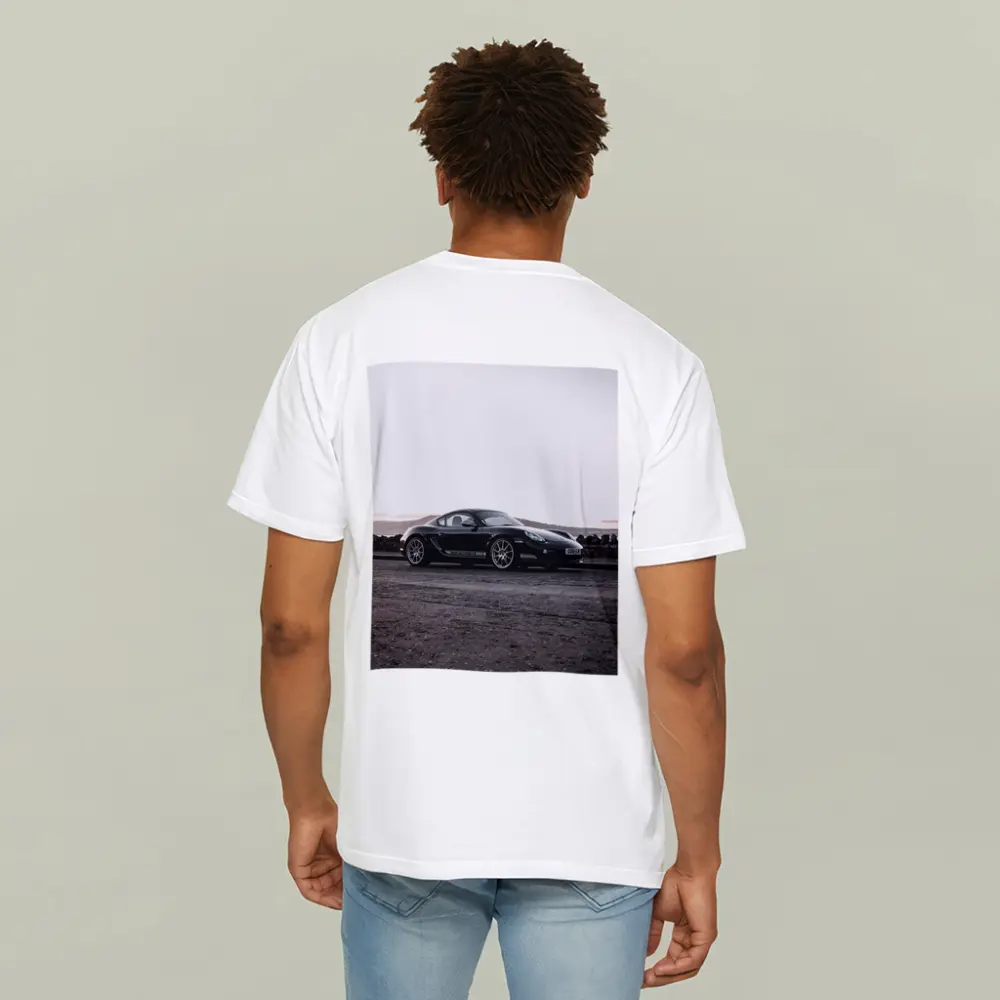 Black Porsche Cayman Parked on Rugged Terrain – T-Shirts