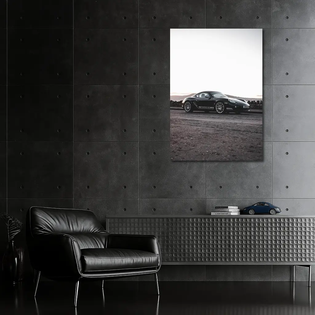 Black Porsche Cayman Parked on Rugged Terrain – Wall Art