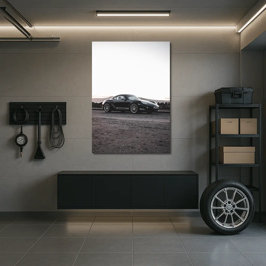 Black Porsche Cayman Parked on Rugged Terrain – Wall Art