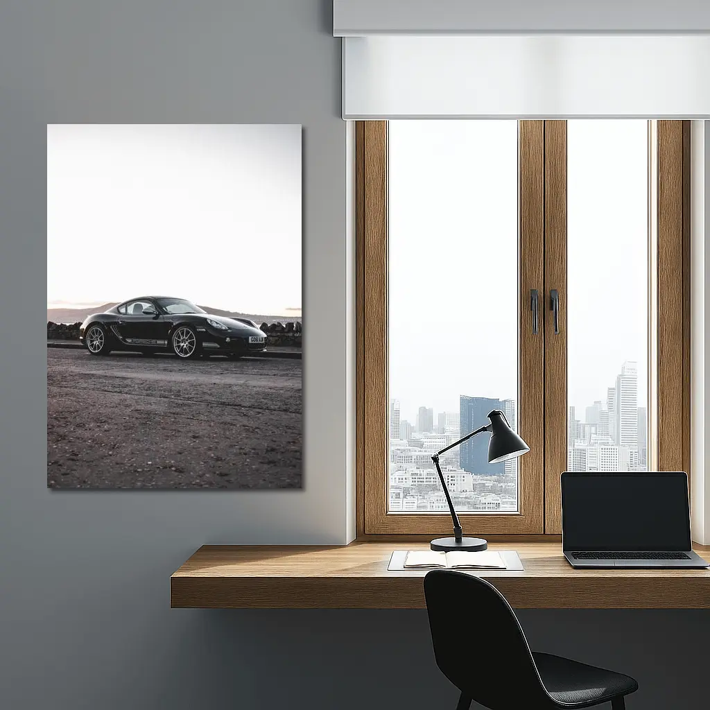 Black Porsche Cayman Parked on Rugged Terrain – Wall Art