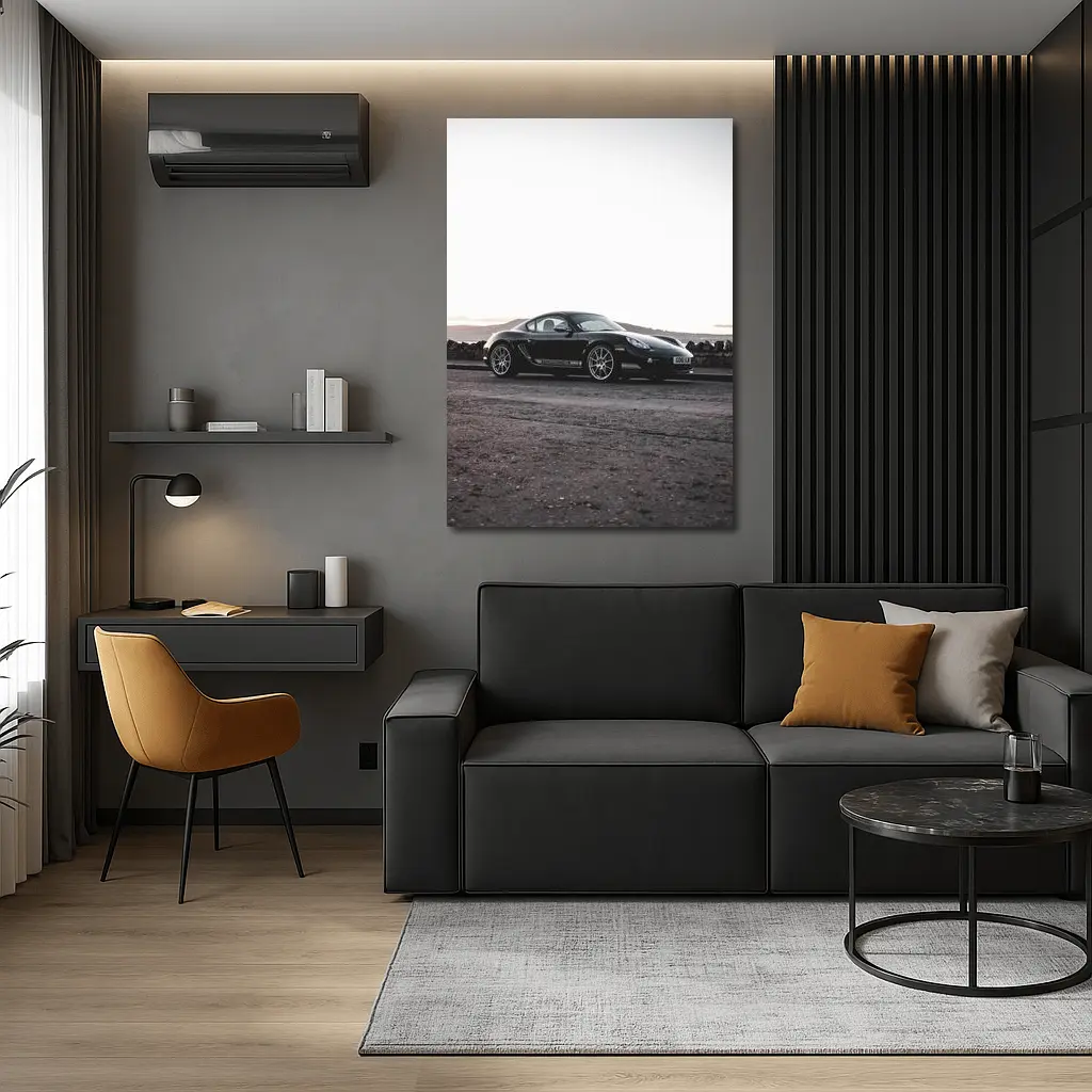 Black Porsche Cayman Parked on Rugged Terrain – Wall Art