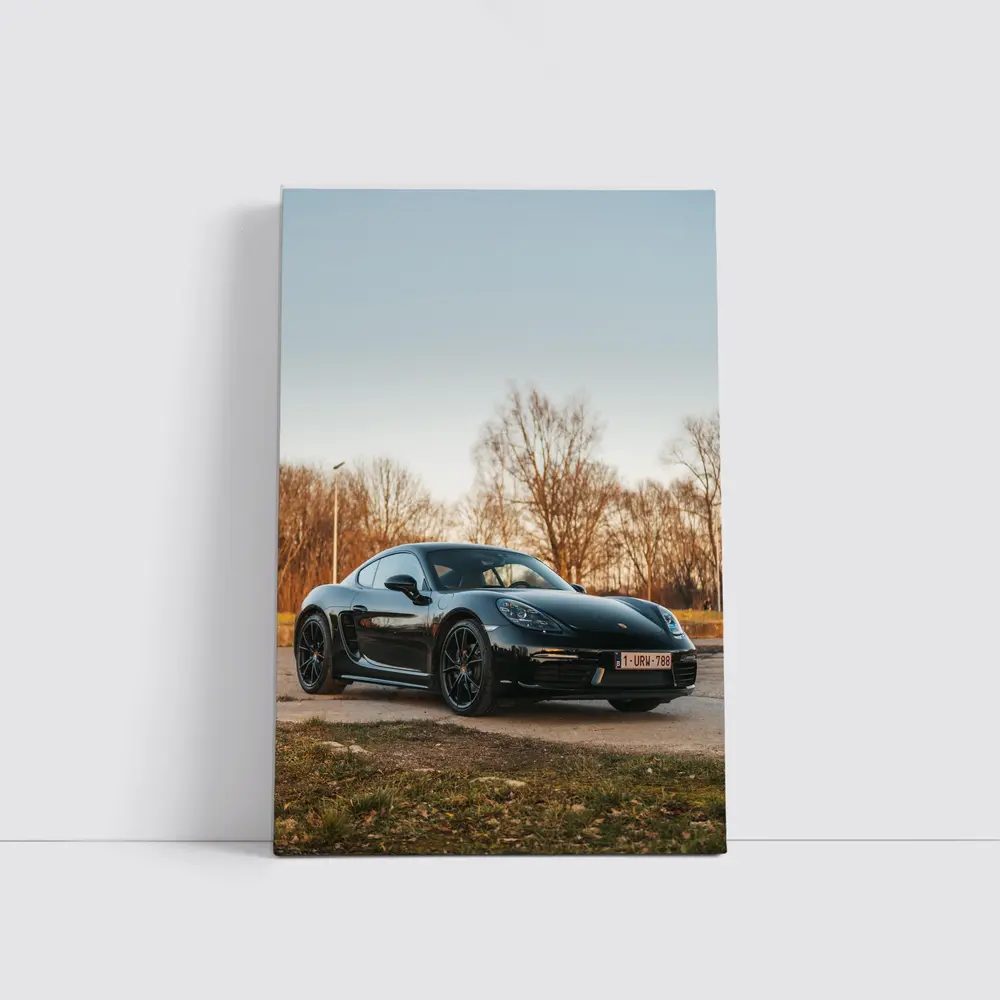 Black Porsche Cayman Parked Outdoors Autumn Trees – Wall Art