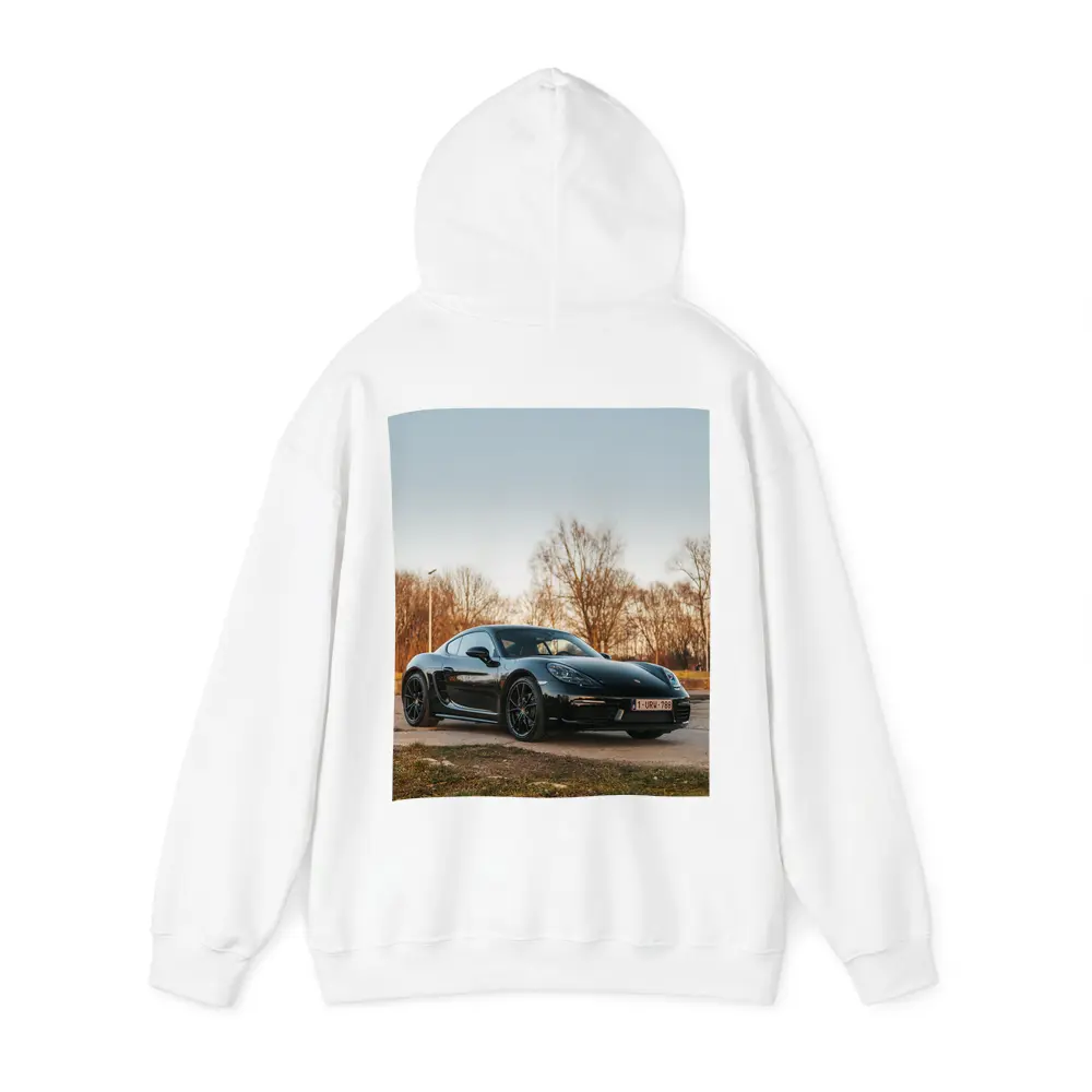 Black Porsche Cayman Parked Outdoors Autumn Trees – Hoodies