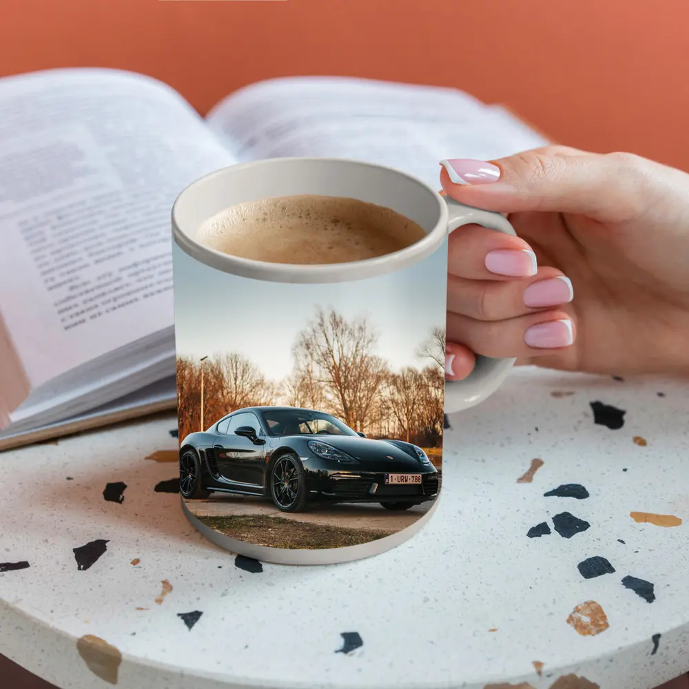 Black Porsche Cayman Parked Outdoors Autumn Trees – Mugs