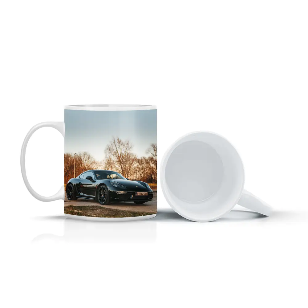 Black Porsche Cayman Parked Outdoors Autumn Trees – Mugs