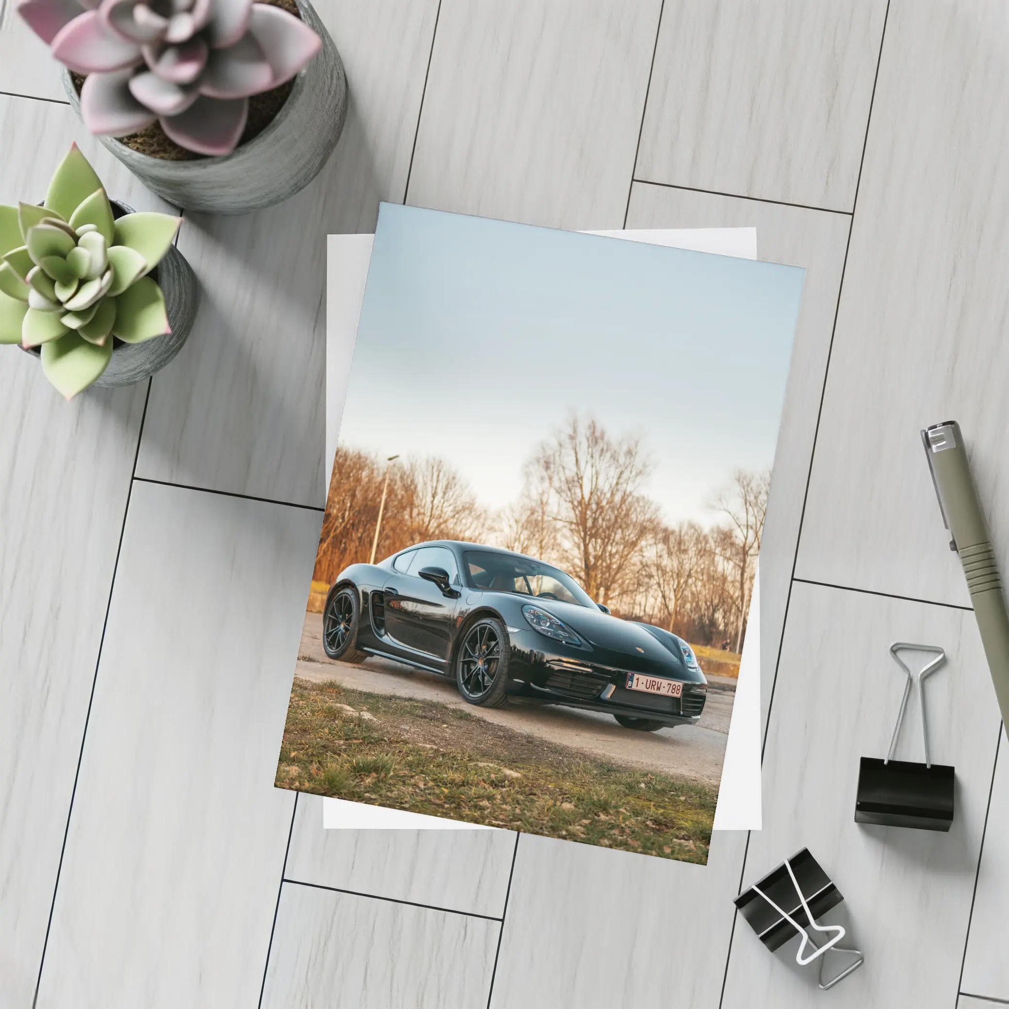 Black Porsche Cayman Parked Outdoors Autumn Trees – Postcards