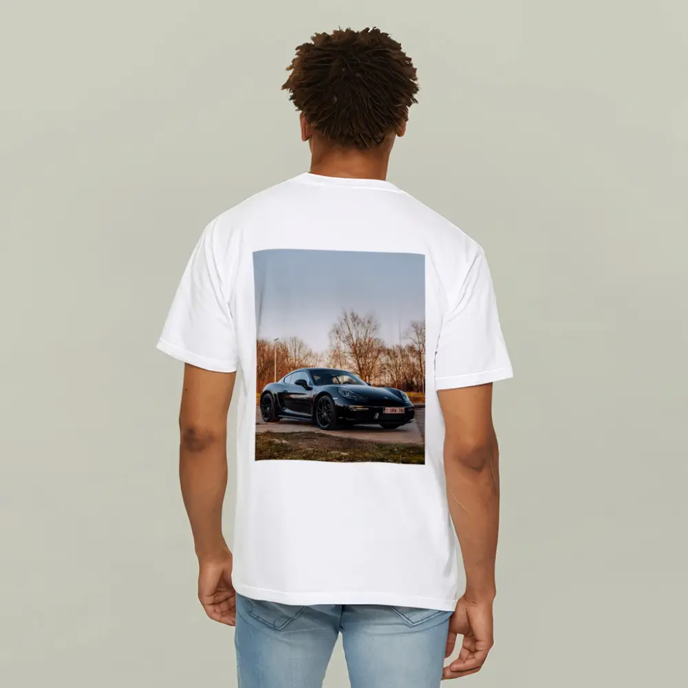 Black Porsche Cayman Parked Outdoors Autumn Trees – T-Shirts