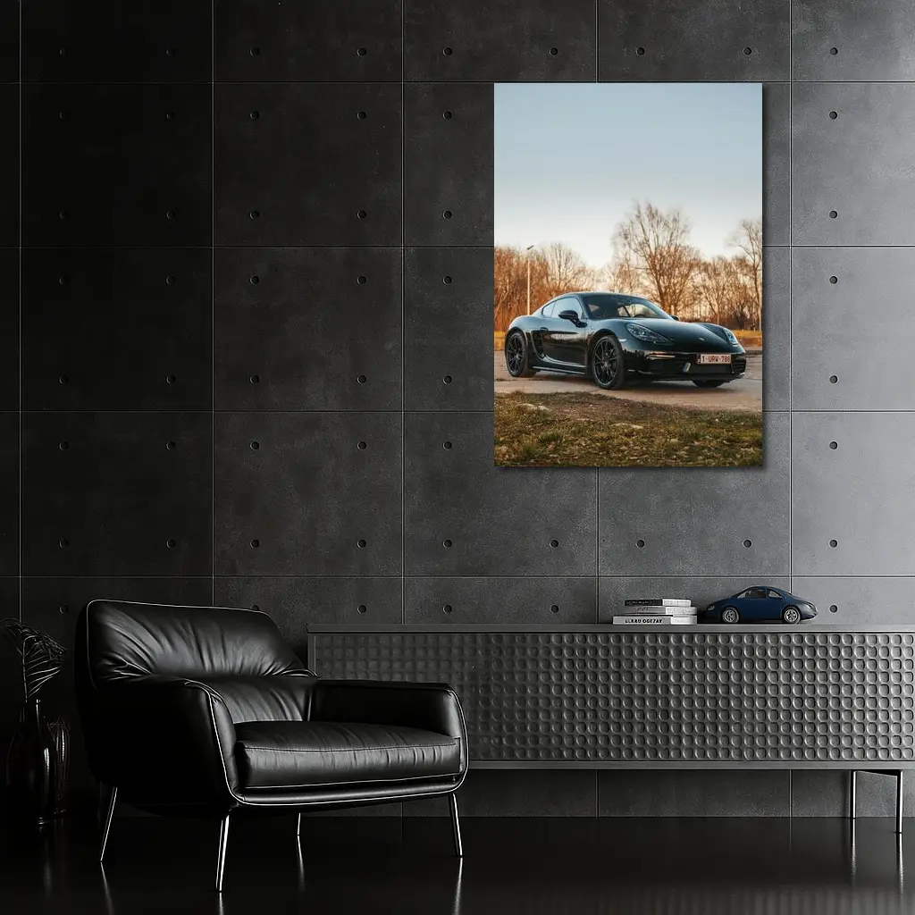 Black Porsche Cayman Parked Outdoors Autumn Trees – Wall Art