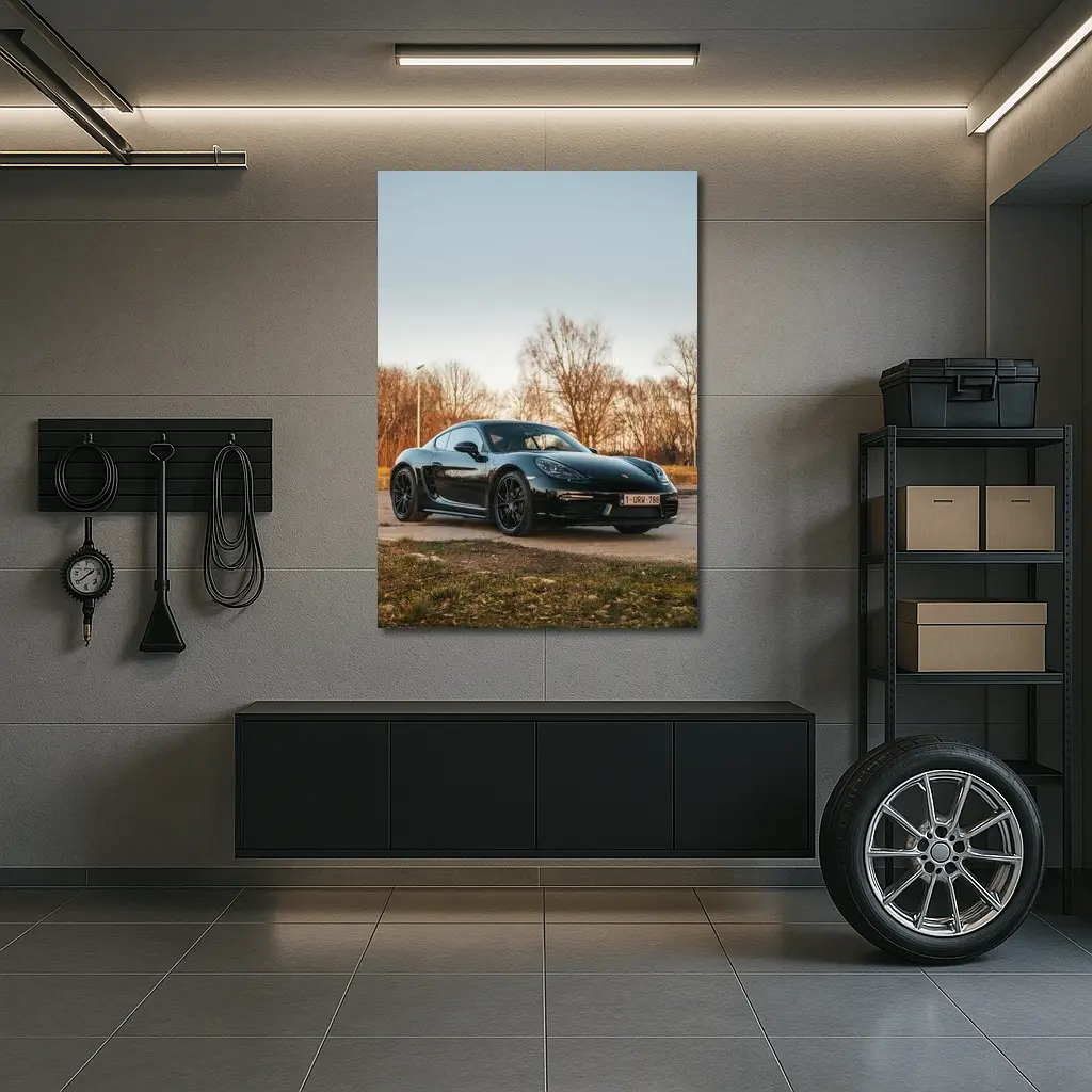 Black Porsche Cayman Parked Outdoors Autumn Trees – Wall Art
