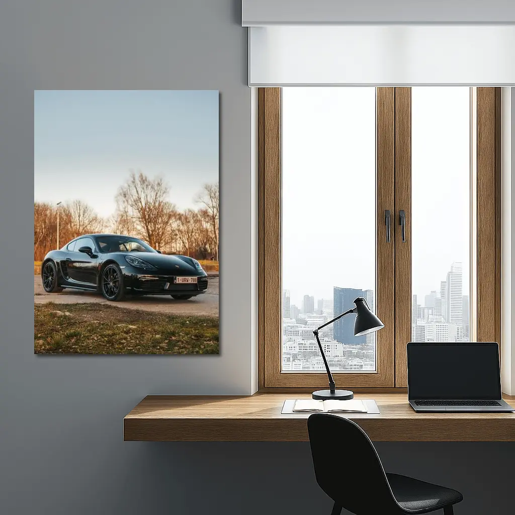 Black Porsche Cayman Parked Outdoors Autumn Trees – Wall Art