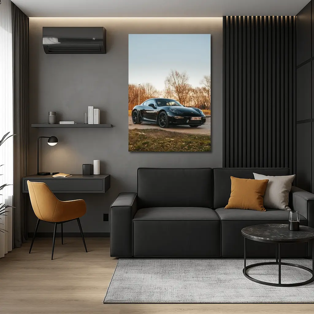 Black Porsche Cayman Parked Outdoors Autumn Trees – Wall Art
