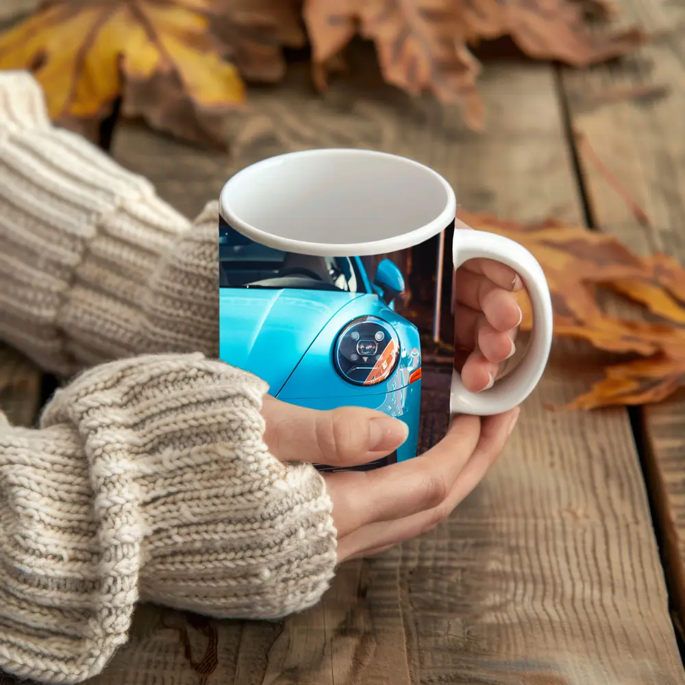 Porsche 911 Miami Blue Front Close Up – Mugs