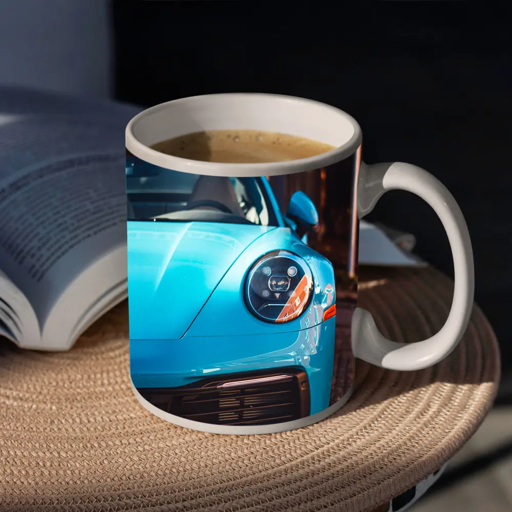 Porsche 911 Miami Blue Front Close Up – Mugs