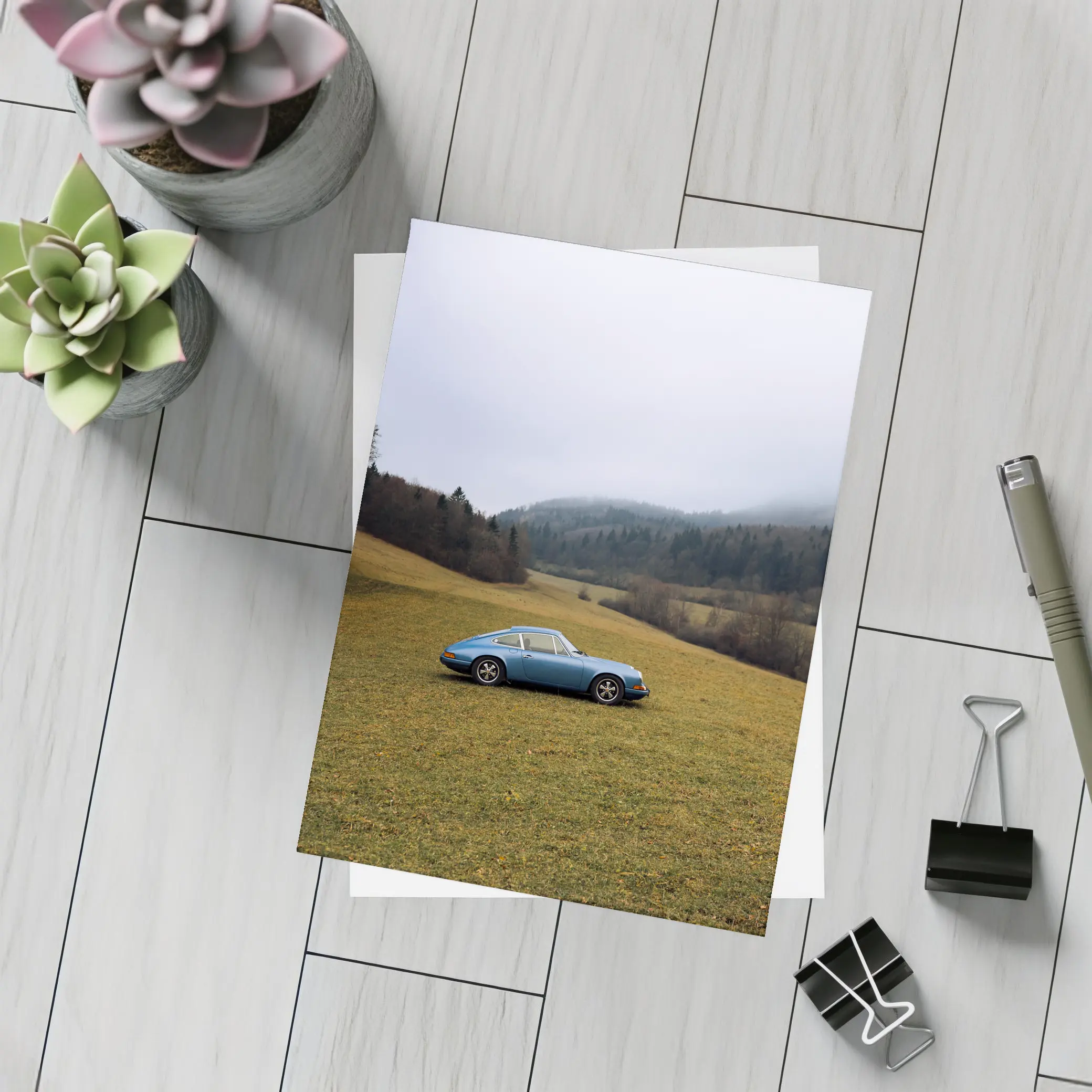 Porsche 911 Blue Classic Misty Countryside – Postcards