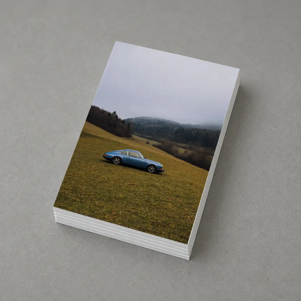 Porsche 911 Blue Classic Misty Countryside – Postcards