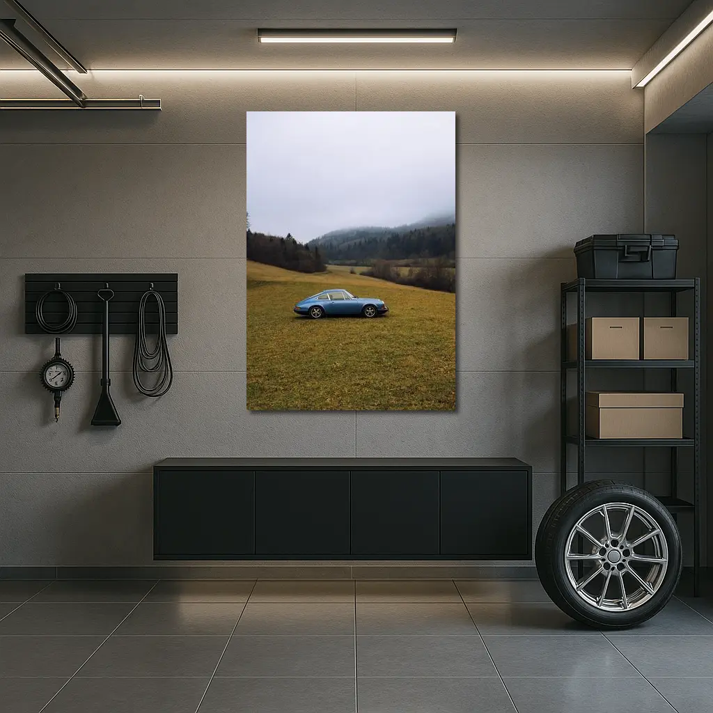 Porsche 911 Blue Classic Misty Countryside – Wall Art