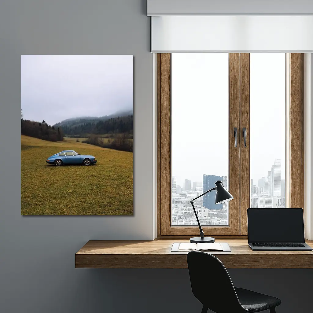 Porsche 911 Blue Classic Misty Countryside – Wall Art