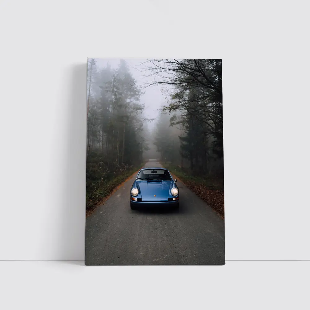 Blue Porsche 911 on Foggy Forest Road – Wall Art