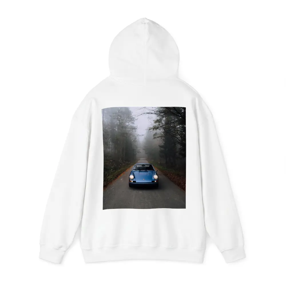 Blue Porsche 911 on Foggy Forest Road – Hoodies