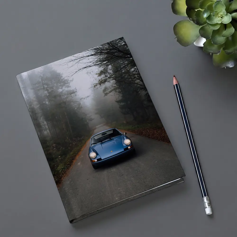 Blue Porsche 911 on Foggy Forest Road – Notebooks