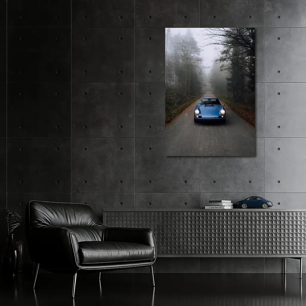 Blue Porsche 911 on Foggy Forest Road – Wall Art