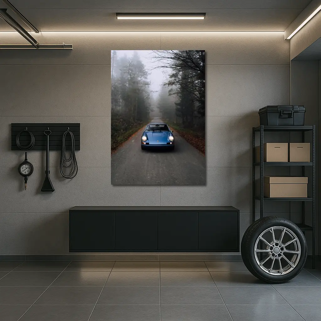 Blue Porsche 911 on Foggy Forest Road – Wall Art