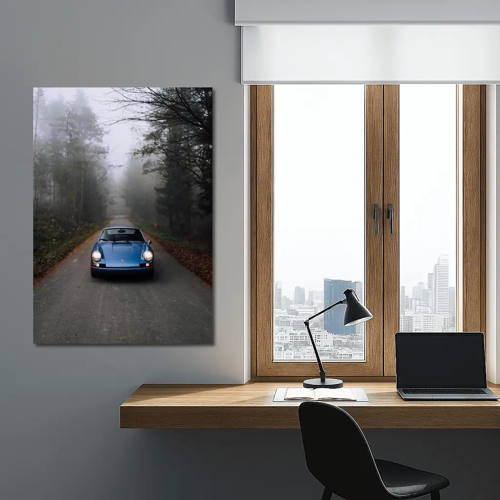 Blue Porsche 911 on Foggy Forest Road – Wall Art
