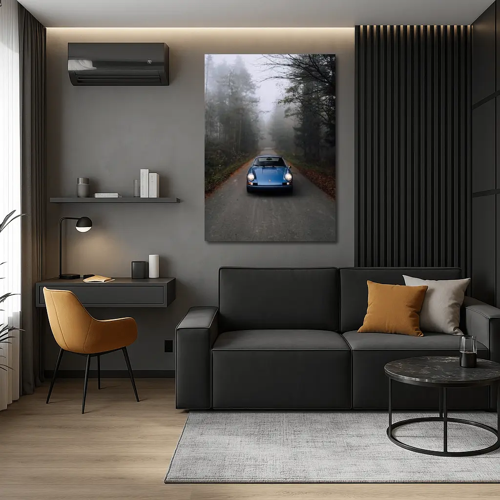 Blue Porsche 911 on Foggy Forest Road – Wall Art