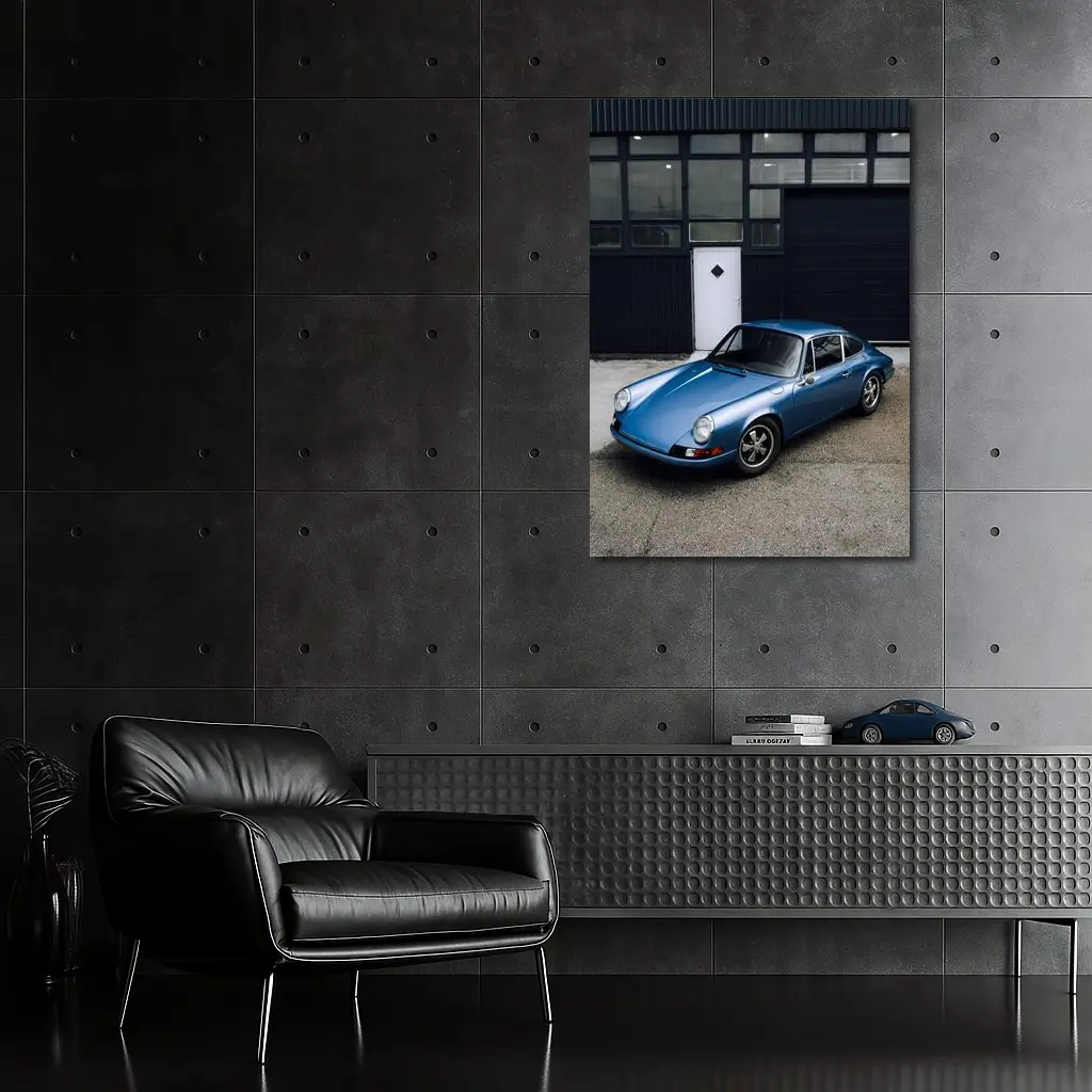Classic Porsche 911 Blue Industrial Garage – Wall Art