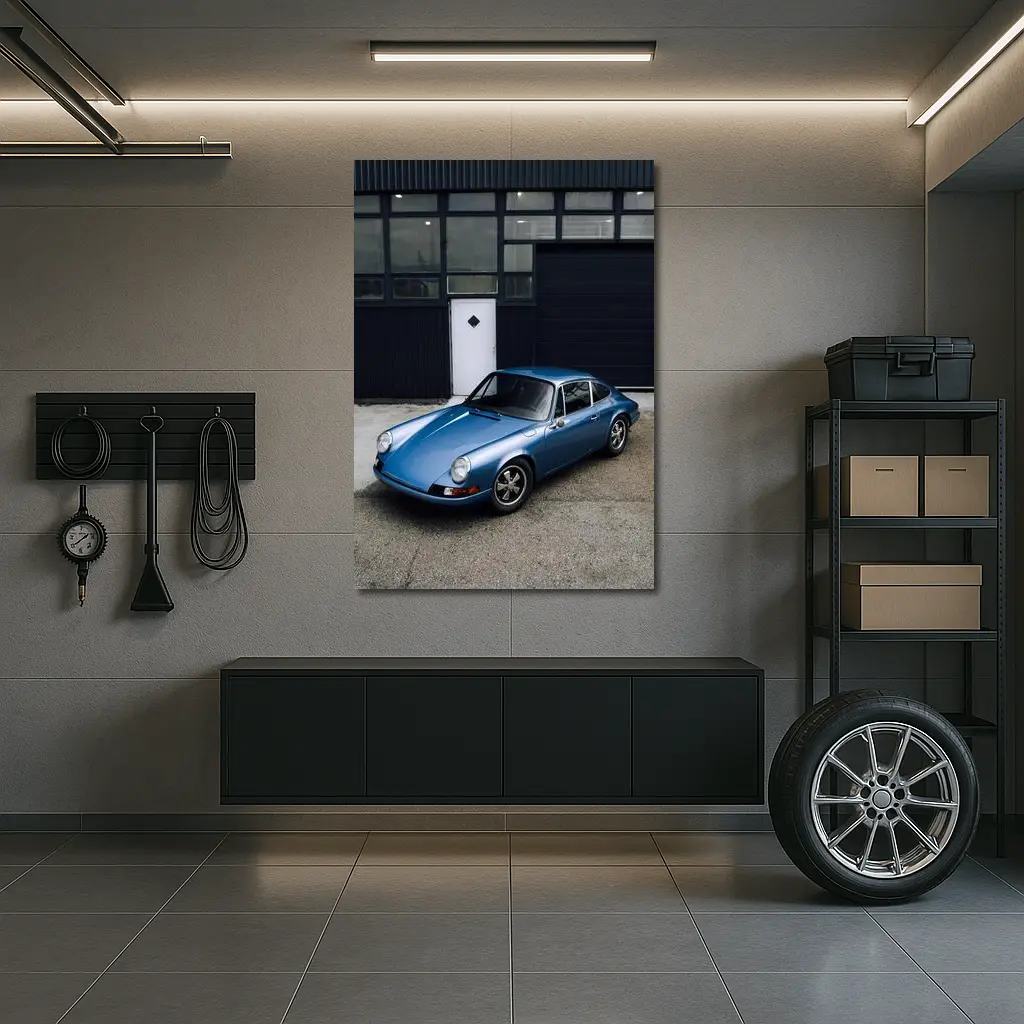 Classic Porsche 911 Blue Industrial Garage – Wall Art